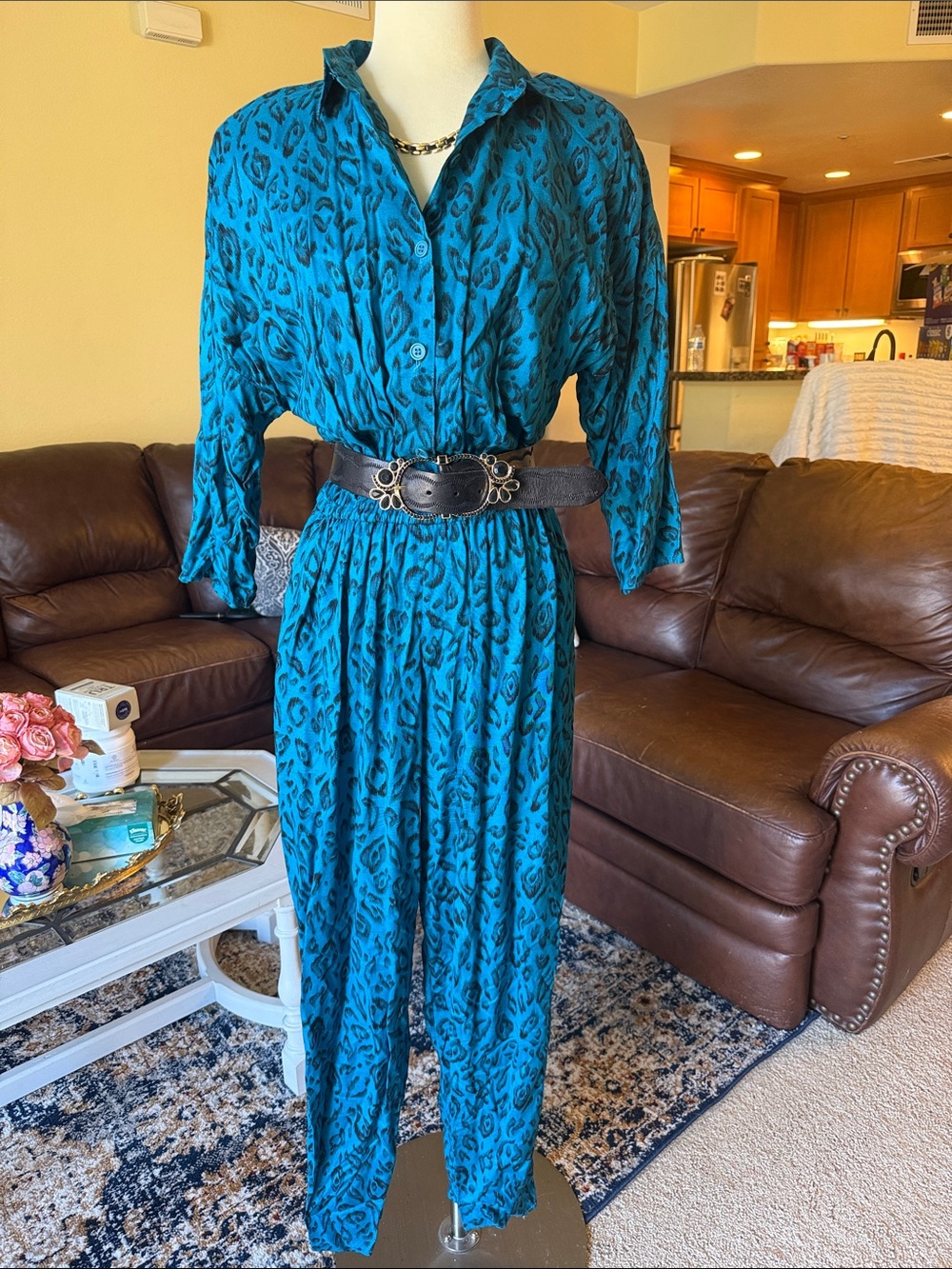 Vintage 80’s California Krush Teal Animal Print Button-Front Jumpsuit